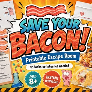 Może przedstawiać: Zestaw do druku escape room Save Your Bacon! z żółtym tłem, grafikami bekonu, rysunkową świnką, podkładką z tekstem, zlewką i zdjęciami jedzenia. Tekst głosi Save Your Bacon! Printable Escape Room, Ages 8+.