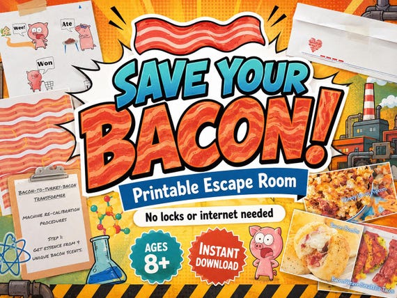 Funny Bacon Adventure Printable Escape Room — Ages 8+