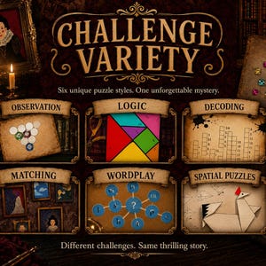 Może przedstawiać: Plansza do gry zatytułowana Challenge Variety, przedstawiająca sześć kategorii łamigł&oacute;wek: Observation, Logic, Decoding, Matching, Wordplay i Spatial Puzzles. Projekt zawiera ramki w stylu pergaminu i kształty geometryczne.