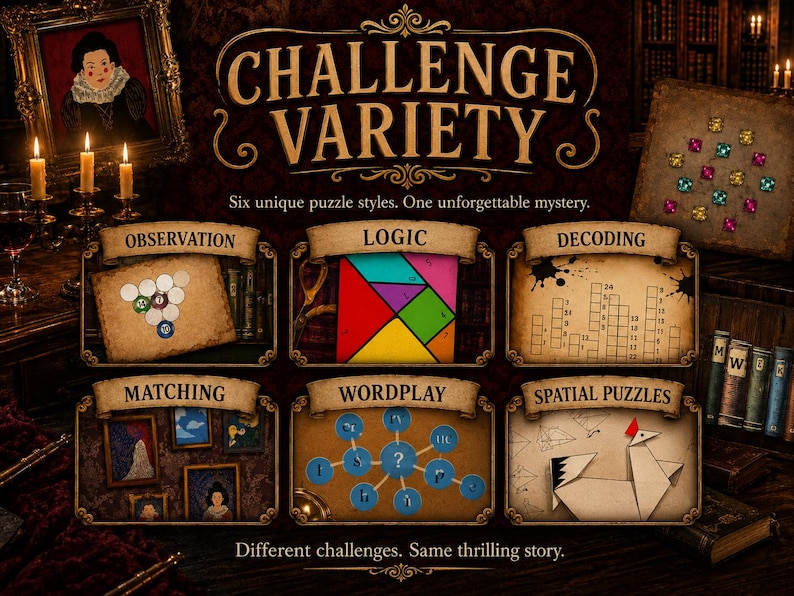 Może przedstawiać: Plansza do gry zatytułowana Challenge Variety, przedstawiająca sześć kategorii łamigł&oacute;wek: Observation, Logic, Decoding, Matching, Wordplay i Spatial Puzzles. Projekt zawiera ramki w stylu pergaminu i kształty geometryczne.
