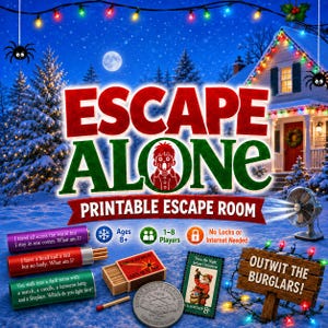 Puede incluir: Un juego de escape imprimible titulado Escape Alone con una escena nocturna nevada, una casa, luces navideñas y arañas. Incluye pergaminos de acertijos, una caja de cerillas, una moneda, un sello postal y un letrero Outwit the Burglars.