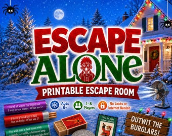 Può includere: Un gioco di fuga stampabile intitolato Escape Alone con una scena notturna innevata, una casa, luci natalizie e ragni. Include pergamene con indovinelli, una scatola di fiammiferi, una moneta, un francobollo e un cartello Outwit the Burglars.