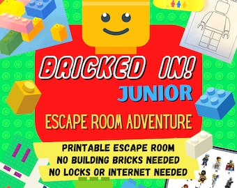 Könnte beinhalten: Eine rote und gelbe Illustration einer Lego-Figur mit dem Text "BRICKED IN! JUNIOR ESCAPE ROOM ADVENTURE" und den Worten "PRINTABLE ESCAPE ROOM NO BUILDING BRICKS NEEDED NO LOCKS OR INTERNET NEEDED".
