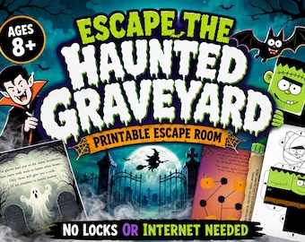 Può includere: Un gioco di escape room stampabile intitolato Escape The Haunted Graveyard per bambini dagli 8 anni in su. La grafica mostra un vampiro, un mostro verde, una strega su una scopa, un fantasma e un cimitero. Include enigmi e modelli di carta.