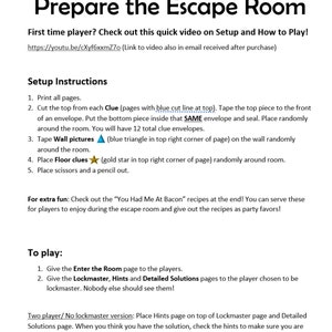 Op de afbeelding: Instructies voor het opzetten en spelen van een escape room-spel. De instructies bevatten een lijst met stappen om het spel voor te bereiden, zoals het afdrukken van pagina's, het knippen en vastplakken van enveloppen en het plaatsen van aanwijzingen in de kamer. De instructies bevatten ook een sectie over hoe je het spel moet spelen, inclusief hoe je de pagina's aan de spelers moet uitdelen en hoe je de pagina's van de spelmeester, hints en gedetailleerde oplossingen moet gebruiken.