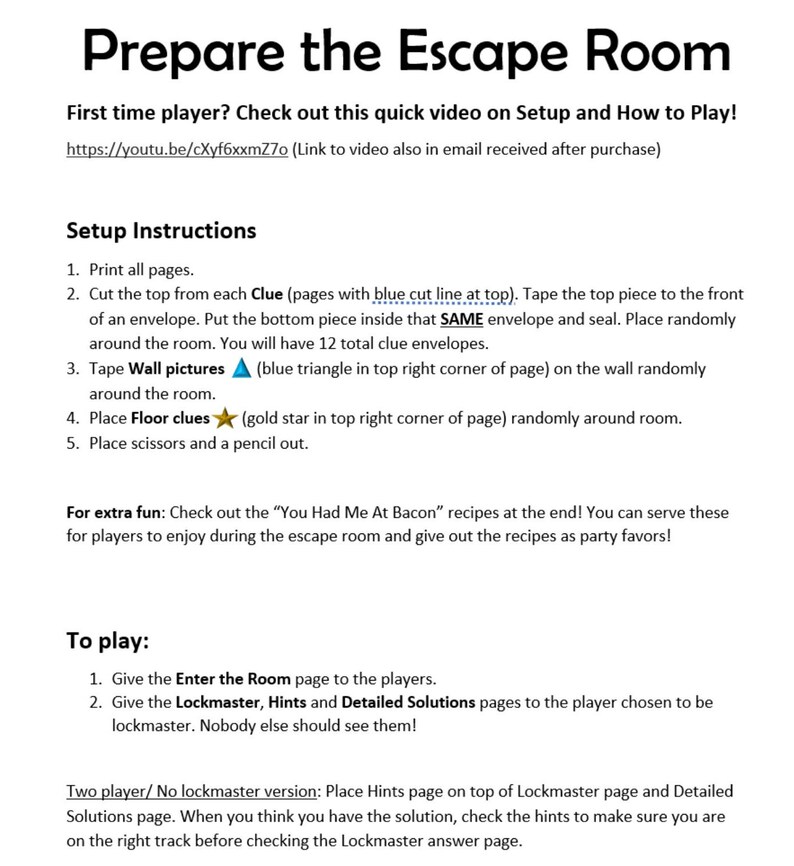 Op de afbeelding: Instructies voor het opzetten en spelen van een escape room-spel. De instructies bevatten een lijst met stappen om het spel voor te bereiden, zoals het afdrukken van pagina's, het knippen en vastplakken van enveloppen en het plaatsen van aanwijzingen in de kamer. De instructies bevatten ook een sectie over hoe je het spel moet spelen, inclusief hoe je de pagina's aan de spelers moet uitdelen en hoe je de pagina's van de spelmeester, hints en gedetailleerde oplossingen moet gebruiken.