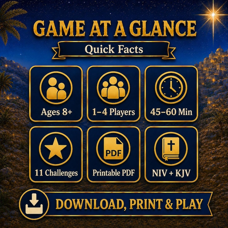 May include: A digital game information graphic titled GAME AT A GLANCE with gold icons on a dark blue background. It lists: Ages 8+, 1-4 Players, 45-60 Min, 11 Challenges, Printable PDF, and NIV + KJV. A bottom banner reads DOWNLOAD, PRINT & PLAY.
