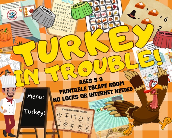 Kids Turkey Escape Room Game | Thanksgiving Printable Party for Kids ages 5-9 | DIY Escape Room Kit | Logic Puzzle Adventure Game