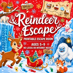 Puede incluir: Un juego de escape imprimible Reindeer Escape con fondo rojo y copos de nieve blancos, un reno marrón, un yeti blanco, un zorro, un oso polar, un trineo rojo, un mapa del Polo Norte y el texto Reindeer Escape escrito en letras blancas.