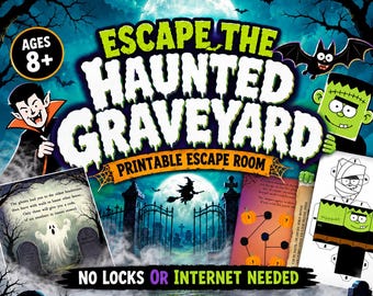 May include: A printable escape room game titled Escape The Haunted Graveyard, featuring a full moon, bats, a vampire, and a Frankenstein-like character. The design includes a ghost illustration, pumpkin puzzle, and paper craft templates.