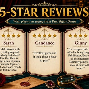 Może przedstawiać: Grafika zatytułowana 5-STAR REVIEWS What players are saying about Dead Before Dessert przedstawiająca trzy karty z opiniami od Sarah, Candance i Ginny. Każda karta zawiera pięć złotych gwiazdek oraz tekst opisujący pozytywne wrażenia z gry.