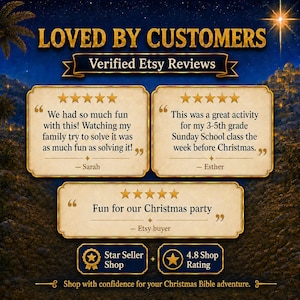 May include: A graphic display titled LOVED BY CUSTOMERS Verified Etsy Reviews featuring three five-star testimonials. The text includes quotes from Sarah, Esther, and an Etsy buyer, plus Star Seller Shop and 4.8 Shop Rating badges on a dark blue background.