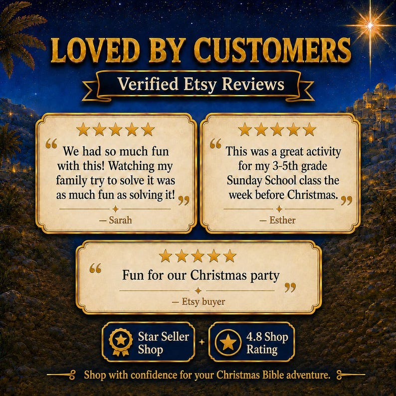 May include: A graphic display titled LOVED BY CUSTOMERS Verified Etsy Reviews featuring three five-star testimonials. The text includes quotes from Sarah, Esther, and an Etsy buyer, plus Star Seller Shop and 4.8 Shop Rating badges on a dark blue background.
