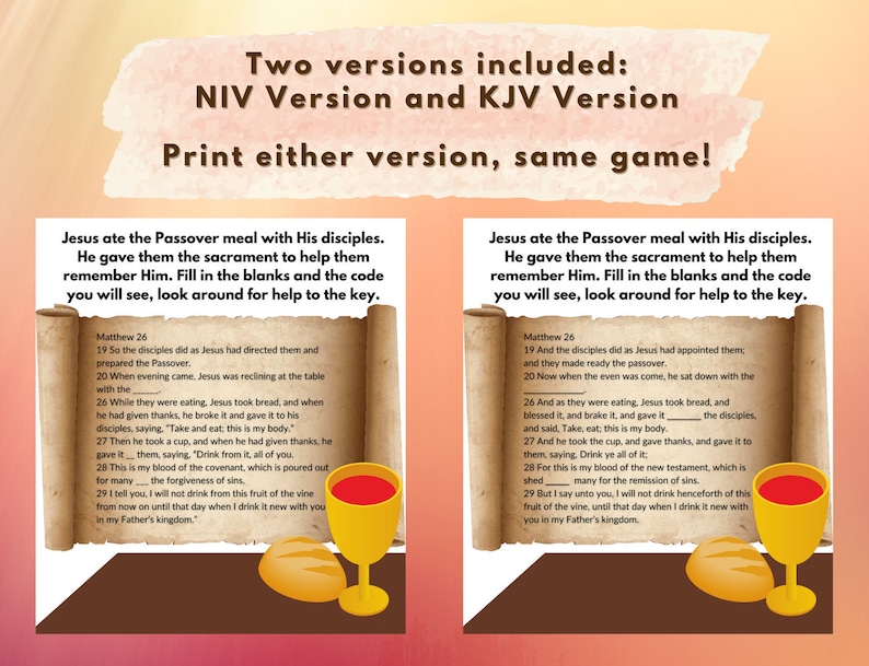 May include: A printable game card with a red and gold chalice and a loaf of bread. The card features a passage from the Bible, Matthew 26, about the Last Supper. The text reads: "Jesus ate the Passover meal with His disciples. He gave them the sacrament to help them remember Him. Fill in the blanks and the code you will see, look around for help to the key."