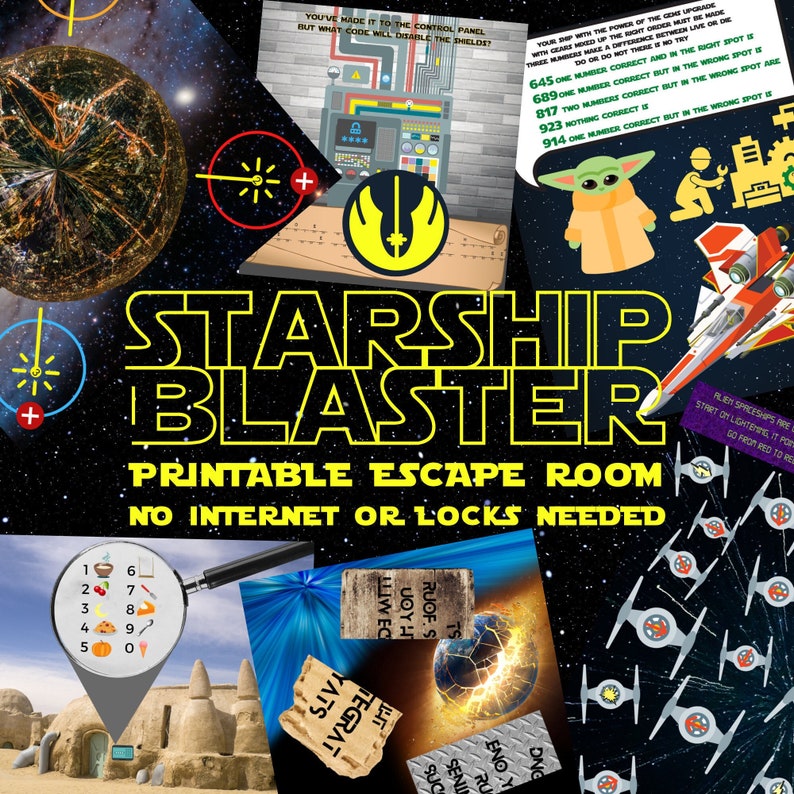 Może przedstawiać: Drukowana gra typu escape room o tematyce Gwiezdnych Wojen. Gra zawiera statek kosmiczny, panel sterowania i zagadkę z kodem do wyłączenia osłon. Gra nosi tytuł "Starship Blaster" i zawiera napis "Nie potrzeba internetu ani zamk&oacute;w".