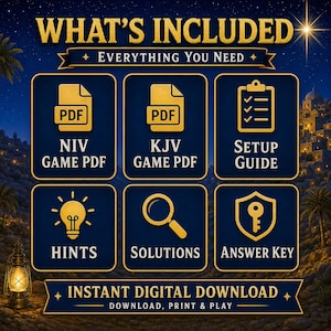 May include: A digital download graphic titled WHAT'S INCLUDED with six gold icons on a dark blue background. Icons include PDF files for NIV and KJV games, a setup guide, a lightbulb for hints, a magnifying glass for solutions, and a key for the answer key.