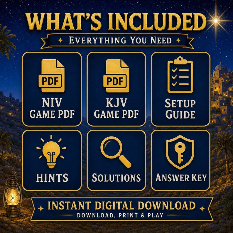 May include: A digital download graphic titled WHAT'S INCLUDED with six gold icons on a dark blue background. Icons include PDF files for NIV and KJV games, a setup guide, a lightbulb for hints, a magnifying glass for solutions, and a key for the answer key.