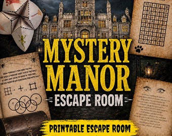 May include: A printable Mystery Manor escape room game kit featuring a large mansion background, a paper fortune teller, a word search puzzle titled Collar, a riddle sheet with math problems, a treasure chest, and a poem on aged parchment paper.