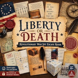 May include: A Revolutionary War spy escape room game kit featuring a central parchment sign with the text Liberty or Death, surrounded by various printed documents, a compass, a quill pen, a small wooden chest illustration, and a puzzle cube.