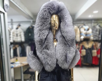 Luxury Big Hood Silver Fox Fur with Black Alcantara  - Real Fox Jacket - %100 Alcantara - Luxury Jacket - Natural Fox Fur Collar Gift