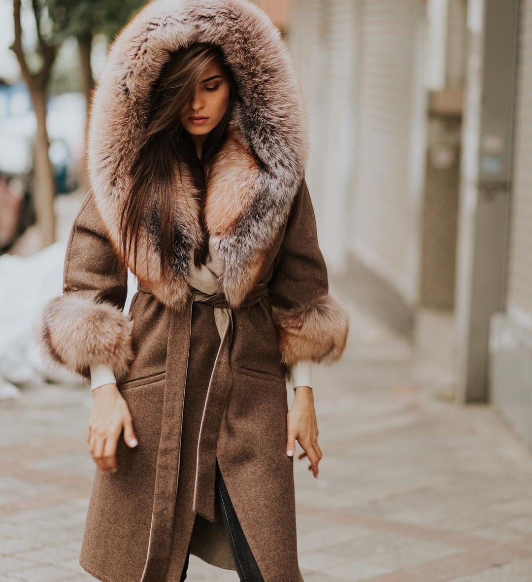 Brown Alpaca Coat With Crystal Fox Fur Big Hood Alpaca Woman Jacket ...