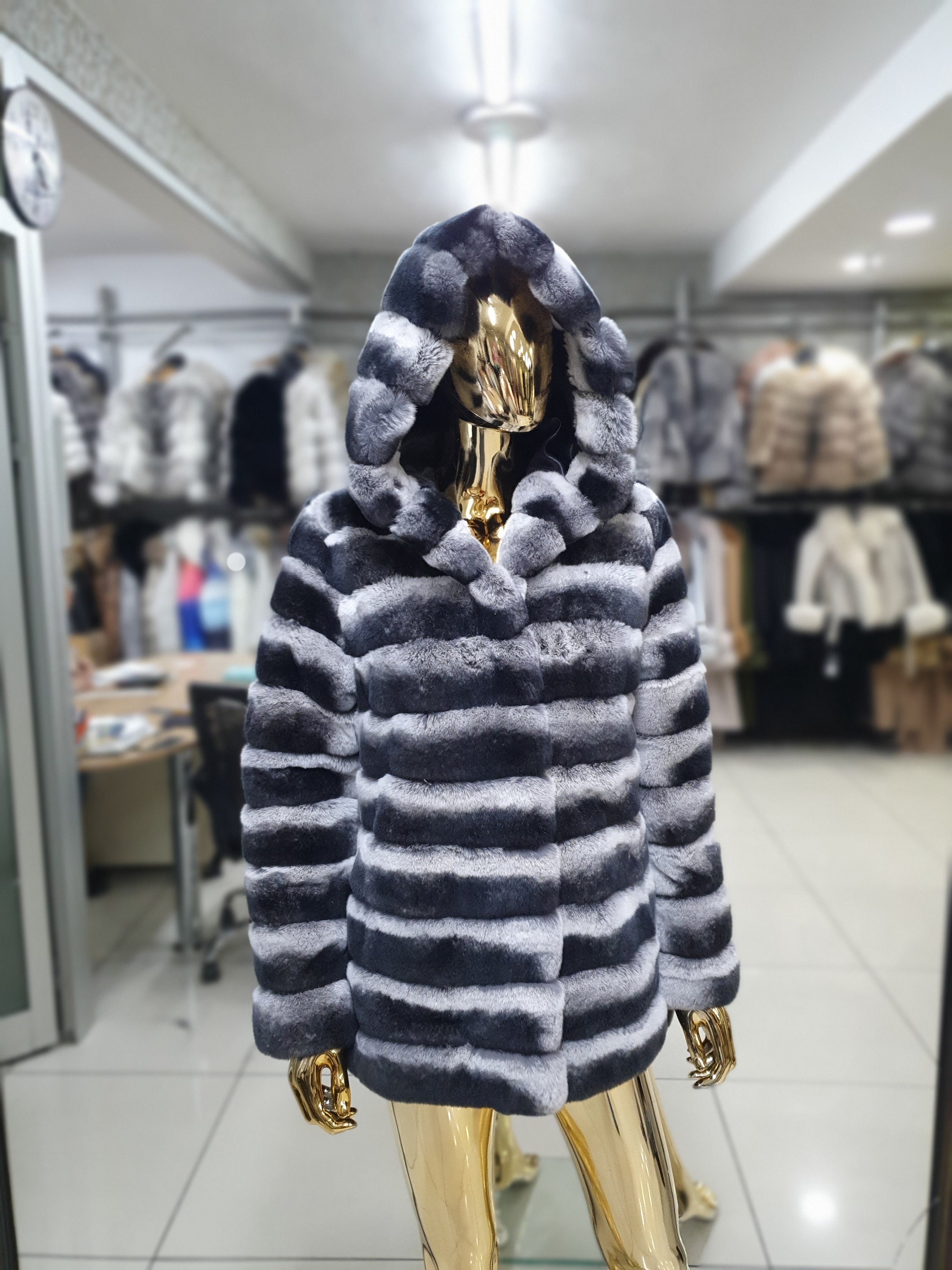 Women's Chinchilla Real Rex Rabbit Fur Coat Striped Jacket Thick Hooded  Overcoat