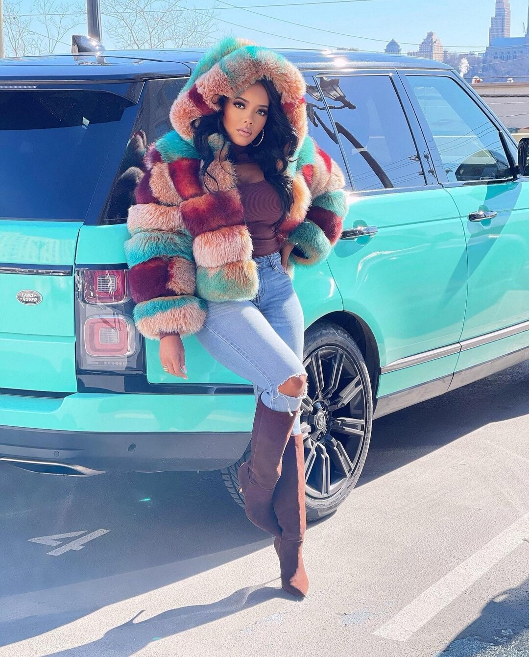 Exclusive Special Rainbow Colorful Fox Fur Coat Hooded Genuine Original