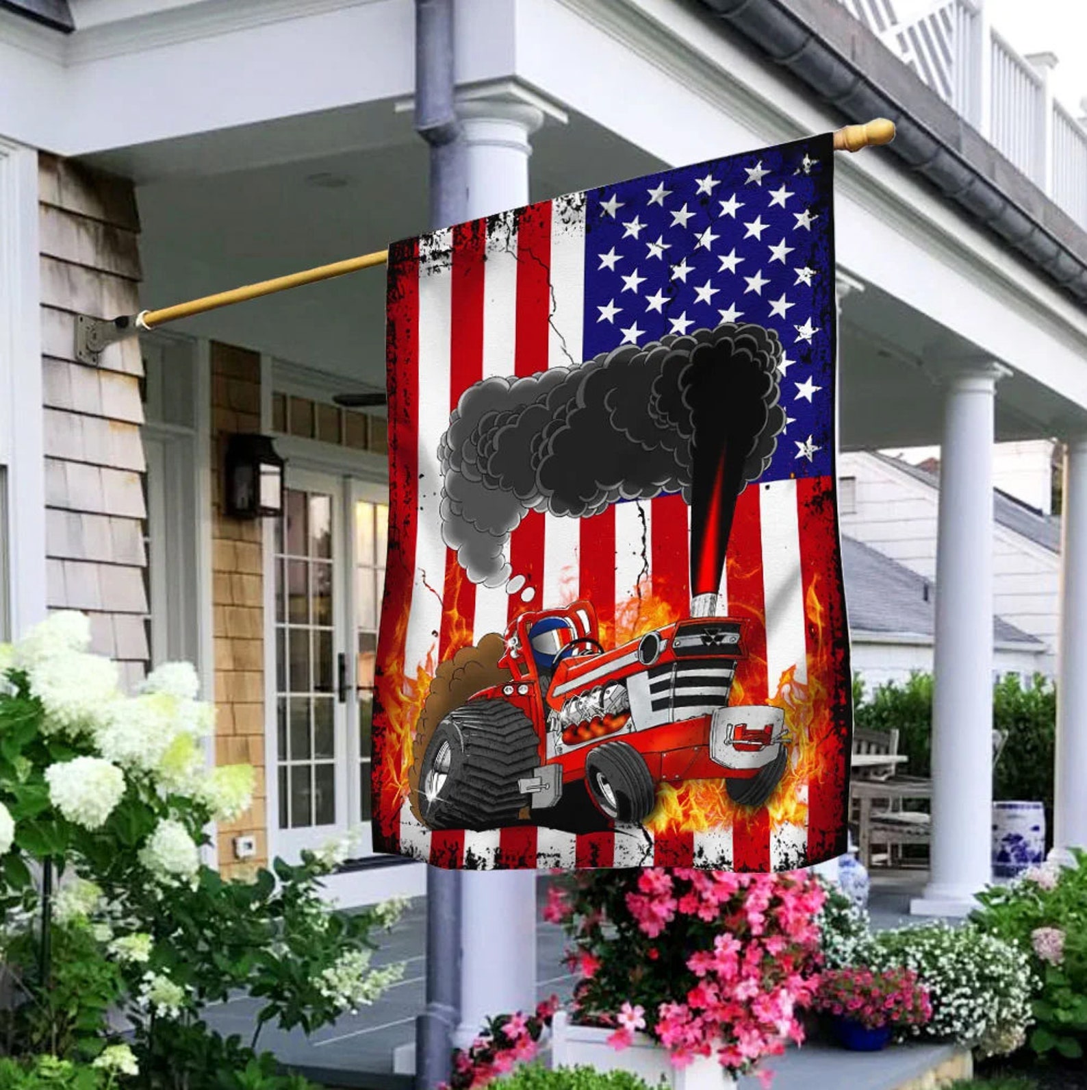 Tractor Pulling American Flag Patriotic Framing Flag Garden Etsy