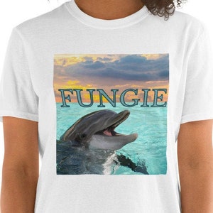 May include: White t-shirt with a graphic of a dolphin jumping out of the water at sunset. The text "FUNGIE" is printed above the dolphin.