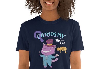 May include: A navy blue t-shirt with a cartoon cat wearing a top hat and bow tie. The text "Curiosity Killed The Cat" is printed on the shirt.