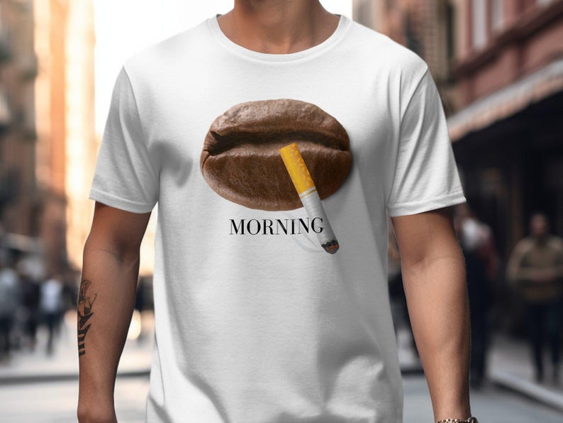 Camiseta para amantes del café, divertida camiseta para tomar café por la mañana, gráfico único de café y cigarrillo, camiseta informal unisex para entusiastas de la cafeína imagen 1