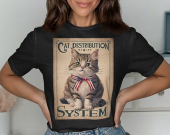 Cute Cat Distribution System T-Shirt, Vintage Cat Design Tee, Funny Cat Lovers Shirt, Retro Style Cat Graphic Tee