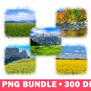 Mountain Landscape Png Scene Clipart, Spring Landscape Summer Background, Lake Farm Flower Hills Nature Sublimation Digital Design Download