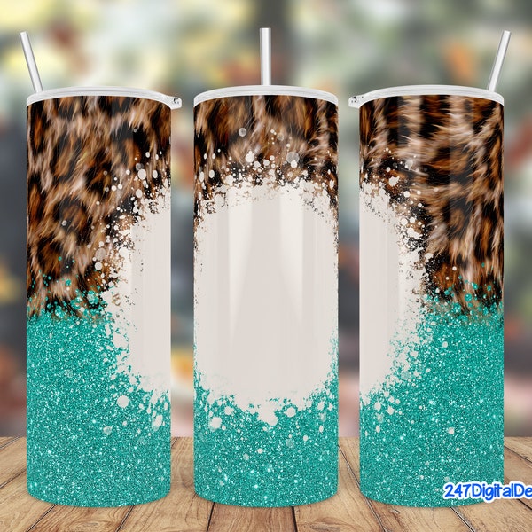 Cheetah Print Tumbler Wrap, Teal Turquoise Glitter Leopard Tumbler Png, 20oz Skinny Tumbler Sublimation Design, Add Your Own Text or Name