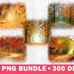 May include: A digital art bundle featuring five autumn landscape scenes. Each scene showcases a path or road winding through a forest with trees in vibrant shades of red, orange, and yellow. The text "5 PNG BUNDLE • 300 DPI" is displayed at the bottom.