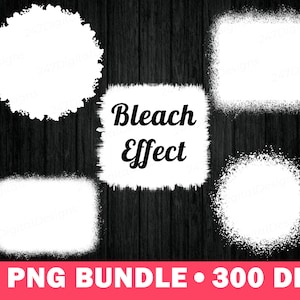 May include: A digital graphic set featuring five white shapes with distressed, spray-painted edges on a dark wood background. The central shape displays the black text Bleach Effect. The bottom banner includes the white text 5 PNG BUNDLE 300 DPI.