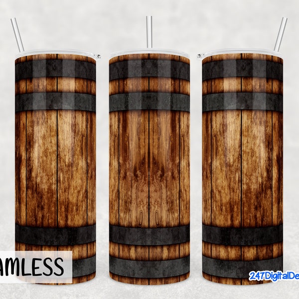 Whiskey Barrel Tumbler Wrap Png, Wooden Wine Barrel Tumbler Design, Rustic Wood Grain Sublimation 20oz Skinny Tumbler Template Seamless