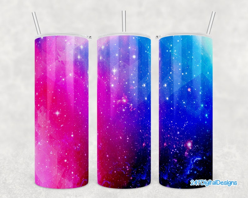 Space Galaxy Tumbler Wrap, Milky Way Tumbler Png, 20oz Skinny Tumbler Template, Rainbow Blue Pink Purple Stars Sublimation Design Download image 1