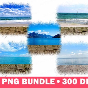 May include: A digital collage of five images featuring different ocean scenes. Each image has a wooden plank floor in the foreground and a blue ocean with a horizon in the background. The images are arranged in a grid pattern.