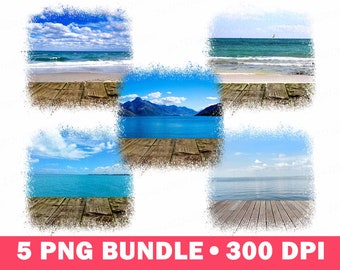 Könnte beinhalten: Eine digitale Collage aus fünf Bildern mit verschiedenen Ozeanszenen. Jedes Bild zeigt im Vordergrund einen Holzdielenboden und im Hintergrund einen blauen Ozean mit Horizont. Die Bilder sind in einem Raster angeordnet.