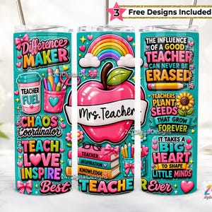 Inflated Teacher Appreciation Tumbler Wrap PNG, Add Custom Name 3D Puff 20oz Skinny Coquette Bow Sublimation Back to School Pencil Teal