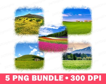 Mountain Landscape Png Scene Clipart, Spring Summer Nature Tree Forest Farm Flower Hills Landscape Background Digital Download Sublimation
