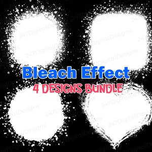 May include: A digital graphic bundle featuring four distinct white bleach effect shapes on a black background. The text Bleach Effect 4 DESIGNS BUNDLE is centered in the middle. The shapes include a circle, a square, a blob, and a heart.