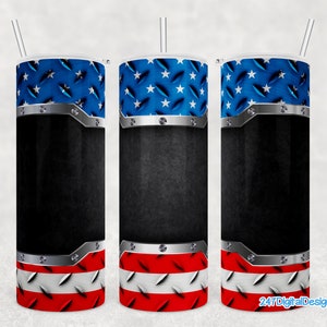 May include: Three stainless steel tumblers with a patriotic design. The tumblers feature a blue and white American flag pattern with a silver metal band and a black background. The bottom of the tumblers feature a red and white diamond plate pattern.