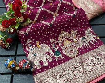 Wine Dola Silk Saree: Meenakari Zari Work, Wedding Party Wear