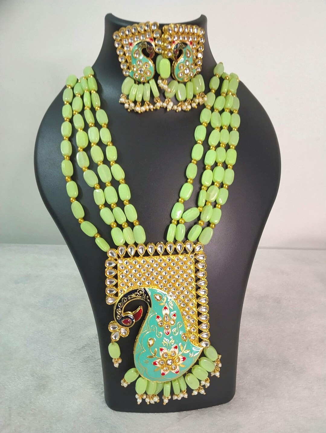 Colar Kundan Rani Haar: Jaipuri Pavão Design, Pérola e Pedra