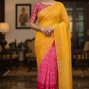 Jorjet Saree : Zari Arbeit, Hochzeit, festival party wear Rani Bluse
