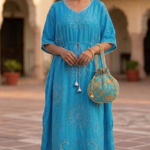 Sky Blue Silk Kaftan, Handwork Mirror,Gota Patti Peacock Motif Dress