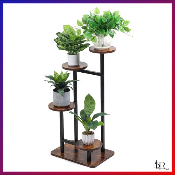 Four-Tier Metal and Wood Plant Stand for Indoor and Outdoor, Corner Shelf for Display Flowers and Plants, for Balcony, Patio, or Living Room