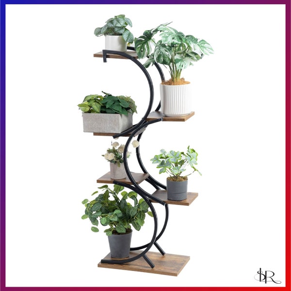 6-Tier Wooden Plant Stand for Indoors - Elegant Wrought Iron Display for Greenery, Perfect for Home and Office Decor